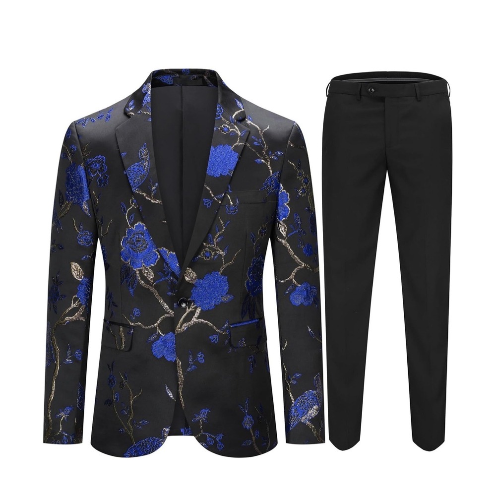 Cloudstyle Mens 2 Piece Floral Dress Suit Blue Gold Tuxedo Jacket Pants Medium